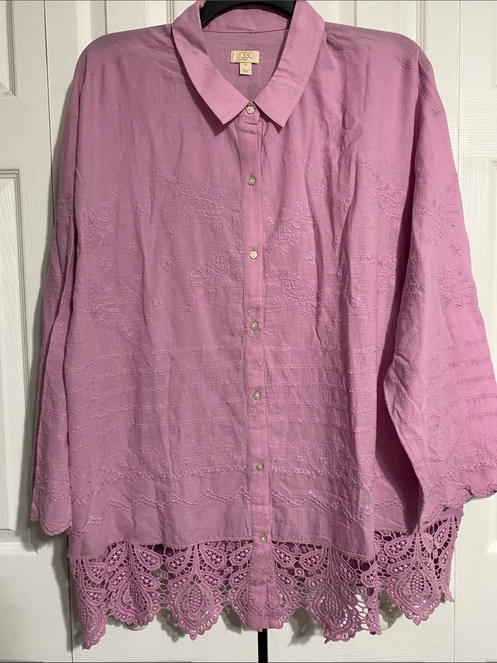LOGO Lavish light Lavendar cotton lace button down top blouse tunic shirt sz 3X